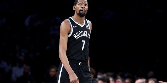 Kevin Durant of the Brooklyn Nets vs. the Boston Celtics during Game 3 of the first round of the NBA Playoffs at the Barclays Center on April 23, 2022 in New York.