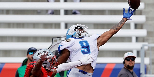 Jonathan Adams #9 of New Orleans Breakers misses the ball as Christian Campbell #7 of Tampa Bay Bandits defends in the second quarter of the game at Protective Stadium on April 24, 2022 in Birmingham, Alabama.