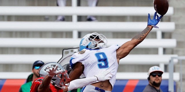 Jonathan Adams #9 of New Orleans Breakers misses the ball as Christian Campbell #7 of Tampa Bay Bandits defends in the second quarter of the game at Protective Stadium on April 24, 2022 in Birmingham, Alabama.