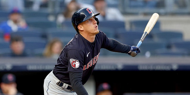 Myles Straw of the Cleveland Guardians gets a hit against the New York at Yankee Stadium on April 22, 2022, in the Bronx. 