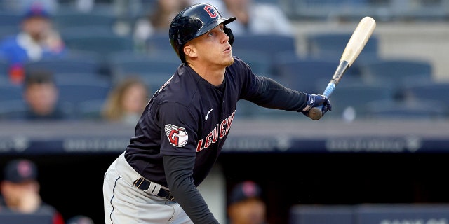 Myles Straw of the Cleveland Guardians gets a hit against the New York at Yankee Stadium on April 22, 2022, in the Bronx.