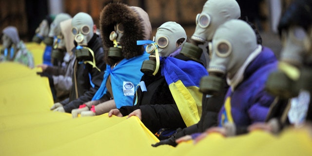 Protesters wearing gas masks hold Ukrainian national flags as they picket the Ukrainian House during a round table talks between the Ukrainian President Viktor Yanukovych, on December 13, 2013. (Photo by Genya SAVILOV / AFP) (Photo by GENYA SAVILOV/AFP via Getty Images)