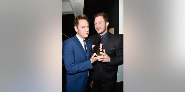 James Gunn, left, and actor Chris Pratt pose backstage during the 18th Annual Hollywood Film Awards at The Palladium in November 2014.