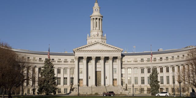 DENVER, CO - 2009: The city of Denver government building, located across the park from the Capitol building, is seen in this 2009 Denver, Colorado, spring city landscape photo.