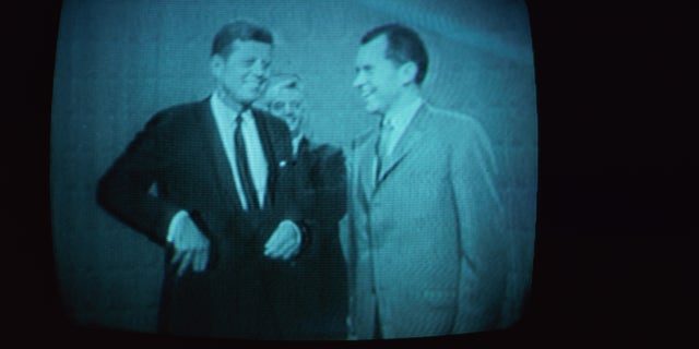 A televised picture, broadcast in May 1977, of American presidential candidates John F. Kennedy (1917-1963) and Richard Nixon (1913-1994) at a Chicago television studio for their debate on Sept. 26, 1960. The live broadcast was the first televised debate of two U.S. presidential candidates.