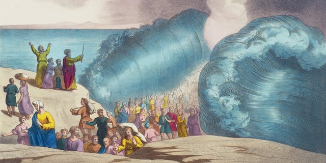 FRANCE - CIRCA 2002:  The parting of the Red Sea, illustration of the Old Testament, the end of the 19th century, engraving by Bequet, Delagrave edition, Paris. (Photo by DeAgostini/Getty Images)