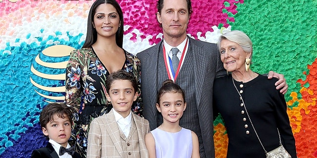 Attending the Texas Medal Of Arts Awards at the Long Center for the Performing Arts on Feb. 27, 2019, in Austin, Texas, are, from left, Livingston Alves McConaughey, Camila Alves, Levi Alves McConaughey, Matthew McConaughey, Vida Alves McConaughey and Kay McConaughey.