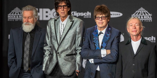 Inductees (L-R) David Robinson, Ric Ocasek, Elliot Easton and Greg Hawkes of The Cars attend the 33rd Annual Rock and Roll Hall of Fame induction ceremony at Public Auditorium April 14, 2018, in Cleveland, Ohio.