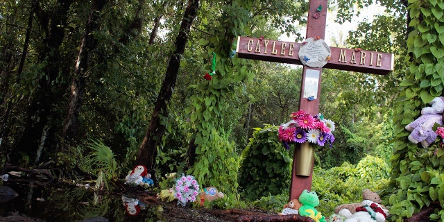 A cross is set up in the Caylee Anthony memorial that has been placed in the area where the 2-year-old's remains were found on July 16, 2011, in Orlando, Florida.
