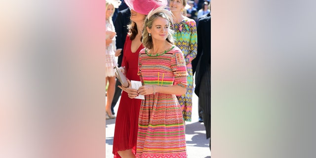 Cressida Bonas arrives at St George's Chapel at Windsor Castle ahead of Prince Harry's wedding to Meghan Markle on May 19, 2018 in Windsor, England.