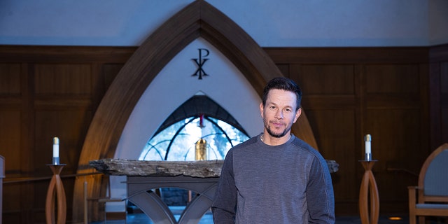 Mark Wahlberg visits All Saints Chapel at Carroll College on behalf of the film "Father Stu" on April 4, 2022, in Helena, Montana.
