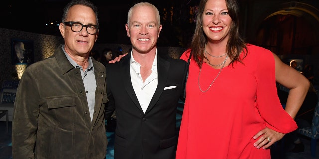 (L-R) Tom Hanks, Neal McDonough and Ruvé McDonough at HBO's "Spielberg’" premiere at Paramount Studios Sept. 26, 2017, in Hollywood.