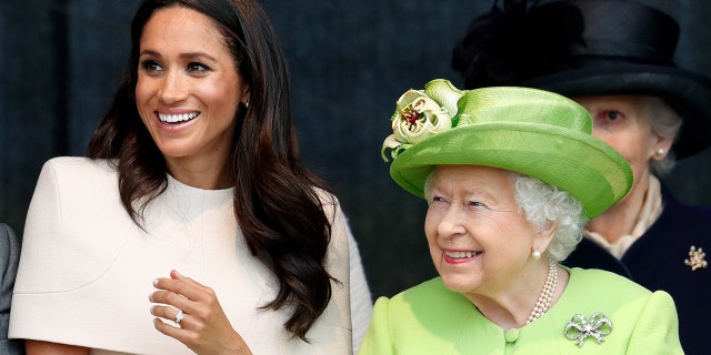 Meghan, Duchess of Sussex and Queen Elizabeth II attend a ceremony to open the new Mersey Gateway Bridge on June 14, 2018, in Widnes, England.