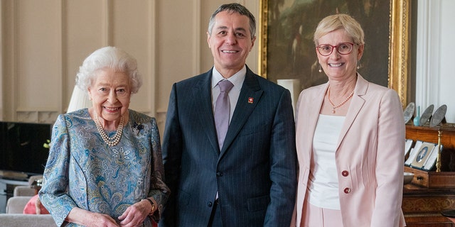 Britain's Queen Elizabeth II during an audience with Switzerland's President Ignazio Cassis and his wife Paola Cassis, at Windsor Castle on April 28, 2022.