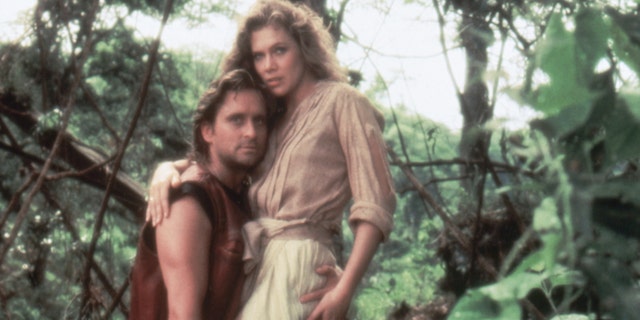 Michael Douglas and Kathleen Turner on the set of "Romancing the Stone,"  which was directed by Robert Zemeckis.