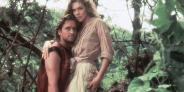 Michael Douglas and Kathleen Turner on the set of "Romancing the Stone,"  which was directed by Robert Zemeckis.