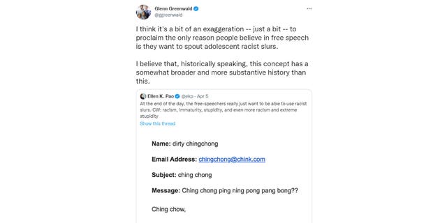 Journalist Glenn Greenwald criticized former Reddit CEO Ellen Pao in an April 6, 2022 tweet over the latter's claim that free speech advocates just wanted to be able to use racial slurs. (Screenshot/Twitter)