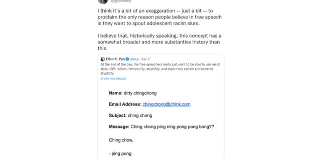 Journalist Glenn Greenwald criticized former Reddit CEO Ellen Pao in an April 6, 2022 tweet over the latter's claim that free speech advocates just wanted to be able to use racial slurs. (Screenshot/Twitter)