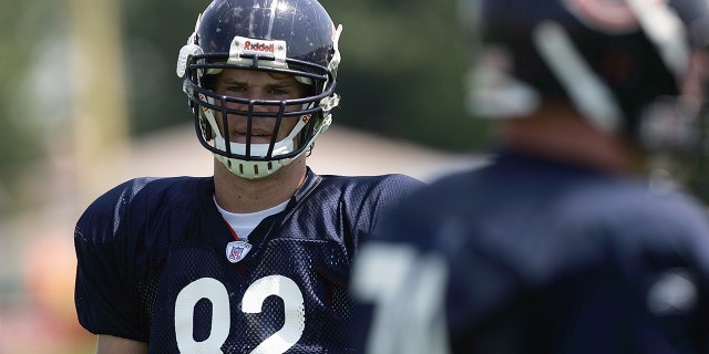Greg Olsen of the Chicago Bears watches during training on July 30, 2007 at Olivet Nazarene University in Bourbonnais, Illinois.