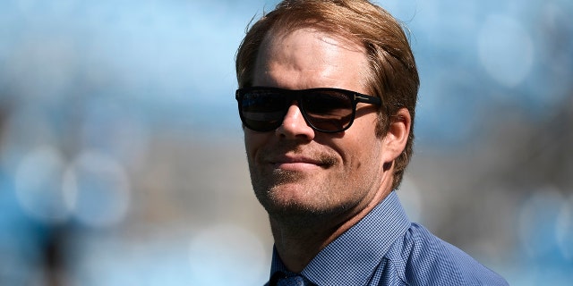 Former player Greg Olsen is watching the Carolina Panthers-Philadelphia Eagles game at the Bank of America Stadium on October 10, 2021 in Charlotte, North Carolina.