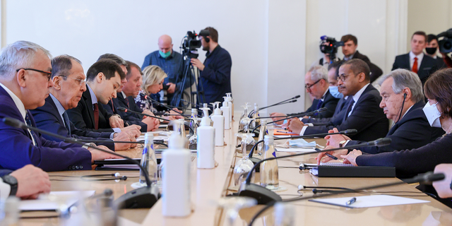 Lavrov, left, meets Guterres, right, in Moscow, Russia, on Tuesday, April 26.