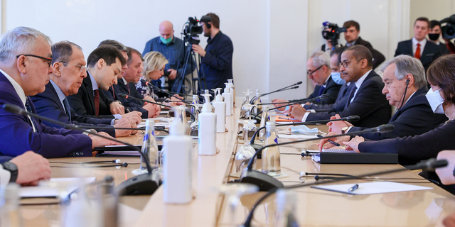 Lavrov, left, meets Guterres, right, in Moscow, Russia, on Tuesday, April 26.