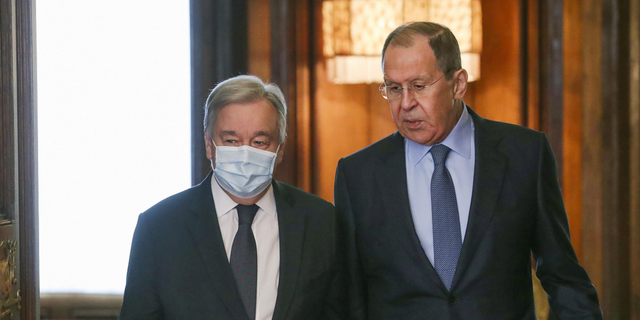 Russian Foreign Minister Sergey Lavrov, on the right, welcomes UN Secretary-General Antonio Guterres to the talks in Moscow, Russia, on Tuesday 26 April.