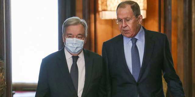 Russian Foreign Minister Sergey Lavrov, right, welcomes U.N. Secretary-General Antonio Guterres for the talks in Moscow, Russia, on Tuesday, April 26.