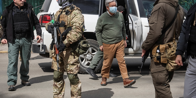 U.N. Secretary-General Antonio Guterres visits the town of Irpin, outside of Kyiv, Ukraine, on Thursday, April 28.