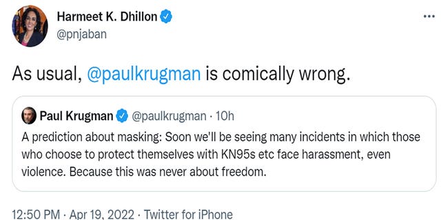 Center for American Liberty CEO Harmeet K. Dhillon tuiteó "Como siempre, @paulkrugman is comically wrong."