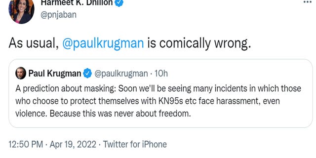 Center for American Liberty CEO Harmeet K. Dhillon tweeted "As usual, @paulkrugman is comically wrong."