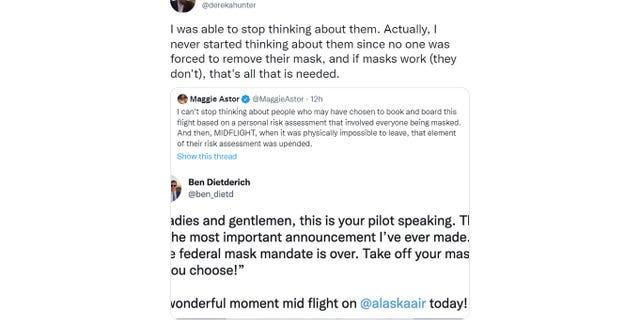 Townhall columist Derek Hunter mocked liberal New York Times reporter Maggie Astor in an April 19, 2022 tweet for fretting over a federal judge removing the federal mask mandate for travelers. (Screenshot/Twitter)