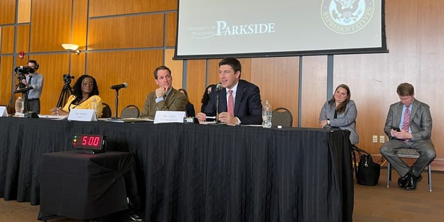 Committee Chairman Jim Himes, D-Conn., left, with Ranking Member Bryan Steil, R-Wis., at a field hearing in Kenosha on April 11, 2022. 