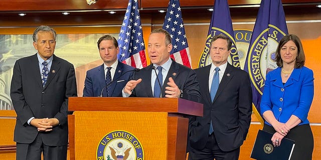 House Democrats hold a press conference on April 6, 2022, to express their concerns about a new Iran nuclear deal.  Rep.  Josh Gottheimer, DN.J., speaks.  Pictured behind him from left to right are Reps.  Juan Vargas, D-Calif., Dean Phillips, D-Minn .;  Donald Norcross, DN.J., and Elaine Luria, D-Va.