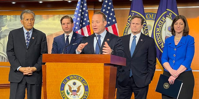 House Democrats hold a press conference on April 6, 2022 to express their concerns about a new Iran nuclear deal.  Rep. Josh Gottheimer, DN.J., speaks. 