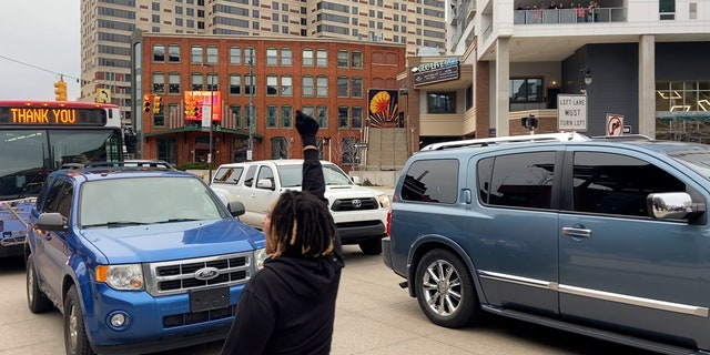Protesters at times blocked traffic as they marched through downtown Grand Rapids, Michigan