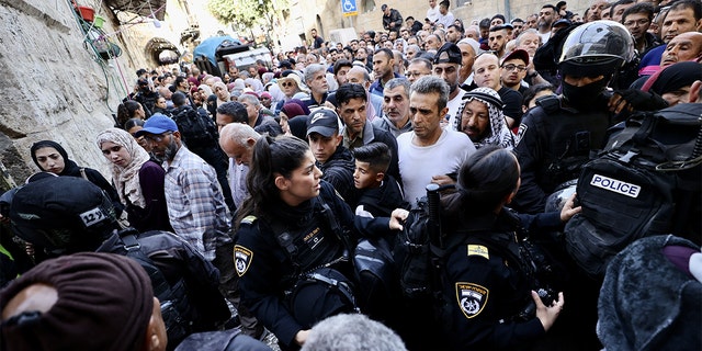 Israeli forces clashed with Palestinians who threw rocks, at the Masjid al-Aqsa in the Old City of East Jerusalem on April 29, 2022.