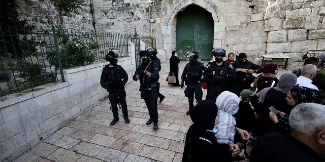 Israeli forces clashed with Palestinians who threw rocks, at the Masjid al-Aqsa in the Old City of East Jerusalem on April 29, 2022.