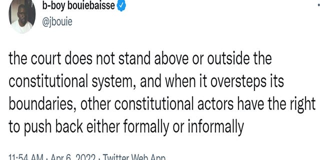 Jamelle Bouie tweeted "the court does not stand above or outside the constitutional system, and when it oversteps its boundaries, other constitutional actors have the right to push back either formally or informally"