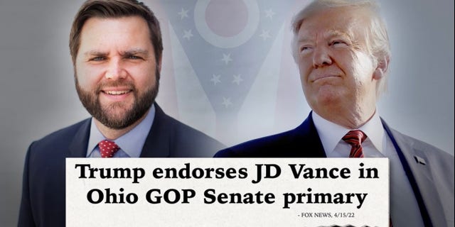 Republican Senate candidate J.D. Vance of Ohio spotlights his endorsement by former President Donald Trump in a new television ad, on April 18, 2022