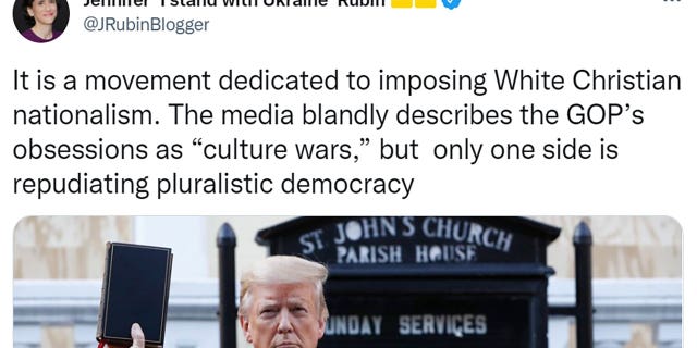Jennifer Rubin tweeted "It is a movement dedicated to imposing White Christian nationalism. The media blandly describes the GOP’s obsessions as 'culture wars,' but only one side is repudiating pluralistic democracy"