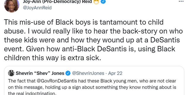 Joy Reid tweeted "This mis-use of Black boys is tantamount to child abuse. I would really like to hear the back-story on who these kids were and how they wound up at a DeSantis event. Given how anti-Black DeSantis is, using Black children this way is extra sick."