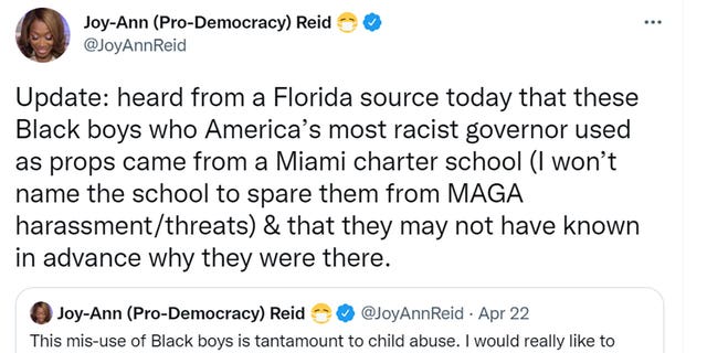 Joy Reid tweeted "Update: heard from a Florida source today that these Black boys who America’s most racist governor used as props came from a Miami charter school (I won’t name the school to spare them from MAGA harassment/threats) &amp; that they may not have known in advance why they were there."