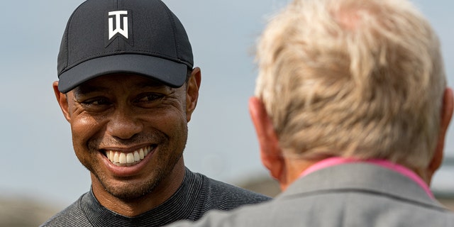 Tiger Woods shares a moment with Jack Nicklaus during the Pro-Am of the Memorial Tournament presented by Nationwide at Muirfield Village Golf Club on May 30, 2018 in Dublin, Ohio.