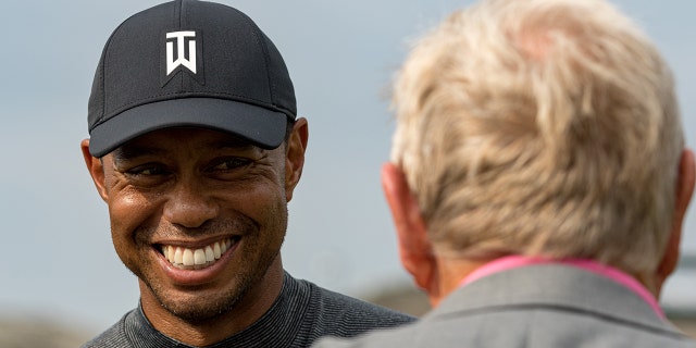 Tiger Woods shares a moment with Jack Nicklaus during the Pro-Am of the Memorial Tournament presented by Nationwide at Muirfield Village Golf Club on May 30, 2018 in Dublin, Ohio.