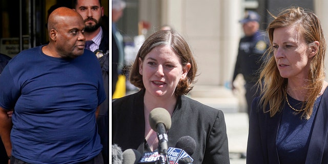 Left: New York City Police, left, and law enforcement officials lead subway shooting suspect Frank R. James, 62, center, away from a police station, in New York, Wednesday, April 13, 2022. Right: Mia Eisner-Grynberg and Deirdre von Dornum, assistant federal defenders with the Federal Defenders of New York and attorneys for Frank James, speak outside Brooklyn Federal Court following James's arraignment in New York City, U.S., April 14, 2022.