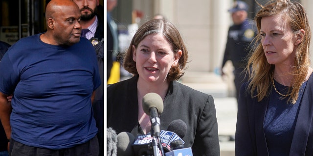Left: New York City Police, left, and law enforcement officials lead subway shooting suspect Frank R. James, 62, center, away from a police station, in New York, Wednesday, April 13, 2022. Right: Mia Eisner-Grynberg and Deirdre von Dornum, assistant federal defenders with the Federal Defenders of New York and attorneys for Frank James, speak outside Brooklyn Federal Court following James's arraignment in New York City, U.S., April 14, 2022.