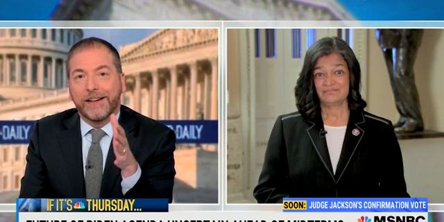 Rep. Pramila Jayapal appeared on MSNBC on April 7, 2022 alongside host Chuck Todd to discuss President Biden's agenda ahead of the midterm elections. (Screenshot/MSNBC)