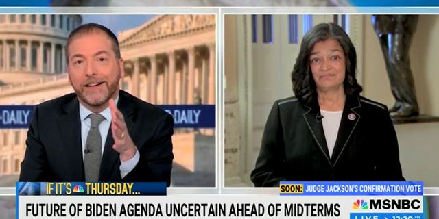 Rep. Pramila Jayapal appeared on MSNBC on April 7, 2022 alongside host Chuck Todd to discuss President Biden's agenda ahead of the midterm elections. (Screenshot/MSNBC)