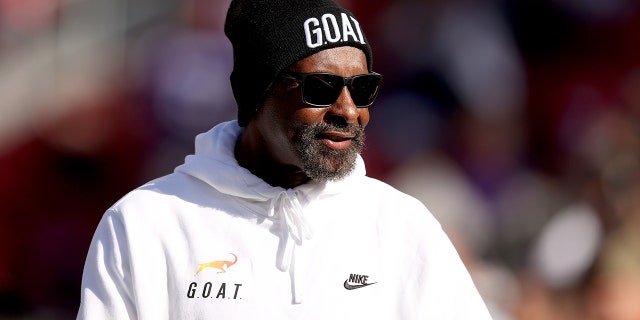 Former player of the San Francisco 49ers Jerry Rice looks on during pregame before the game between the Minnesota Vikings and the San Francisco 49ers at Levi's Stadium on Nov. 28, 2021 in Santa Clara, California.